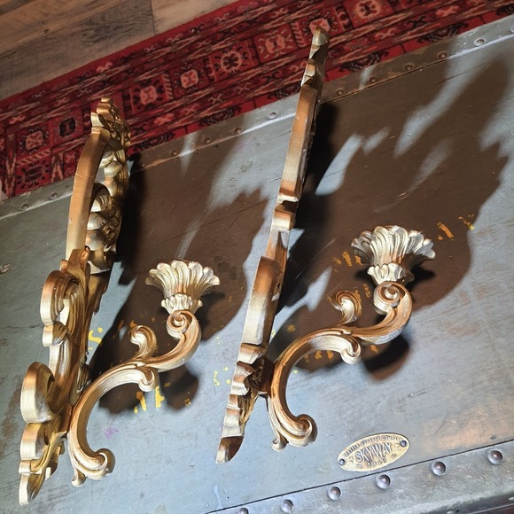 Vintage 2Pc Candle Sconce Homco 1971 Wall Decor 15" Gold Rococo USA Set #4118 - Picture 6 of 6
